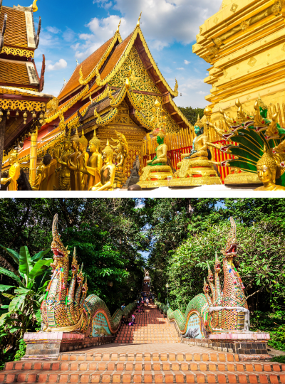 DAY1 台北→清邁→泰式粉麵店(多種麵食可做挑選)→雙龍寺(含電梯上、下山，免爬山)→泰式瑜伽按摩1小時→洋房花園泰菜餐廳